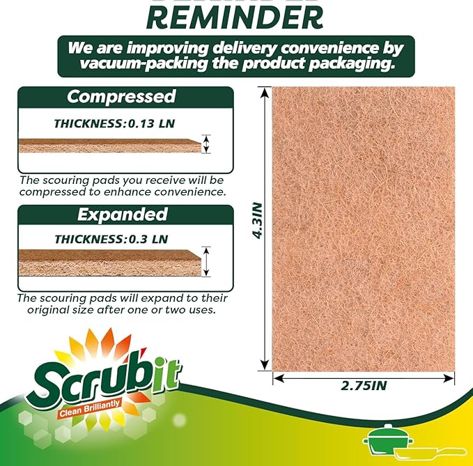 SCRUBIT 100 Pack Natural Scouring Pads - Heavy Duty Scrubbing Pads for Dishes - Non-Scratch - Reusable - Natural, Eco-Friendly, Biodegradable Sisal Brown Sponges for Dishes, Compostable