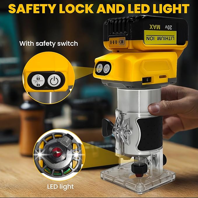 Cordless Wood Router Trimmer for Dewalt 20V Battery, 6 Speeds Wood Trimmer Set, 800W 30000 RPM Brushless Motor Hand Palm Router with 15pcs 1/4"Shank Router Bits for Woodworking,Slotting(NO Battery)