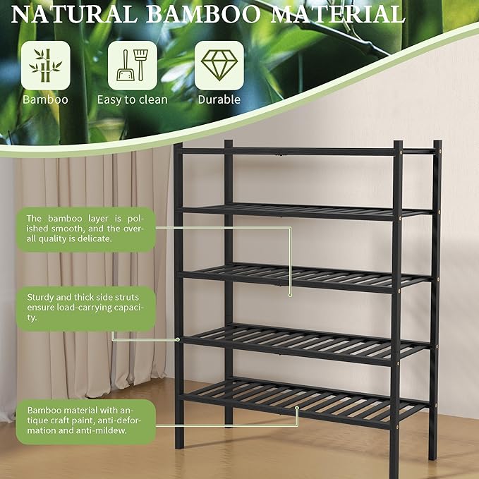 ROMGUAR CRAFT 5 Tier Bamboo Shoe Rack for Closet Free Standing Wood Shoe Shelf for Entryway Small Space Stackable 27"x11"x33" (Black)