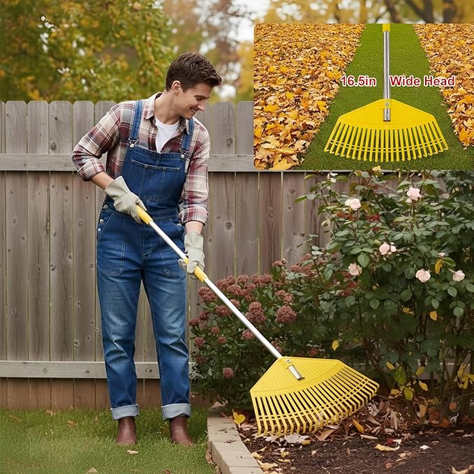 Plastic Leaf Rake for Lawns - Lightweight & Anti-Break Nylon Head, 16.5'' Wide Yard & Garden Rake for Leaves, Grass, Pine Needles, Adjustable Long Handle Easy Use for Women,Seniors,Kids