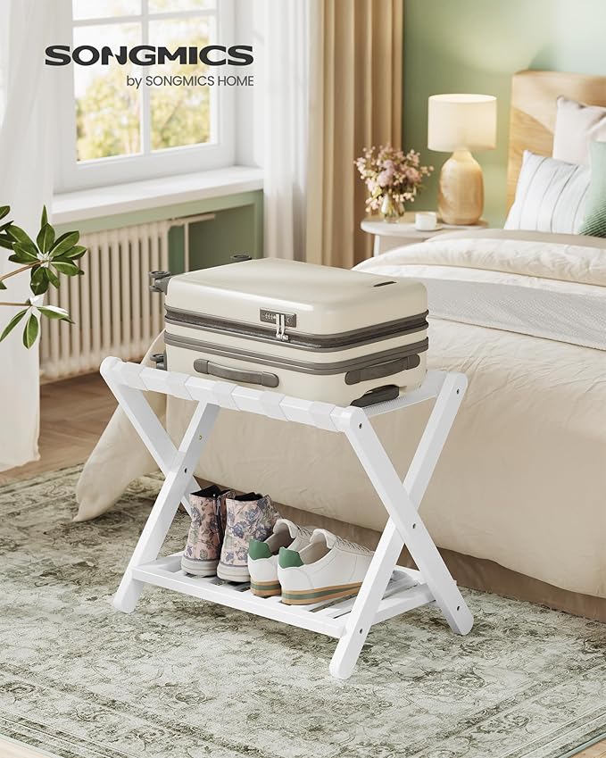SONGMICS Solid Wood Luggage Racks, Set of 2, No Assembly Required, Foldable Suitcase Stand, Luggage Holder, with Storage Shelf, for Guest Room, Hotel, Bedroom, Cloud White URLR021W01