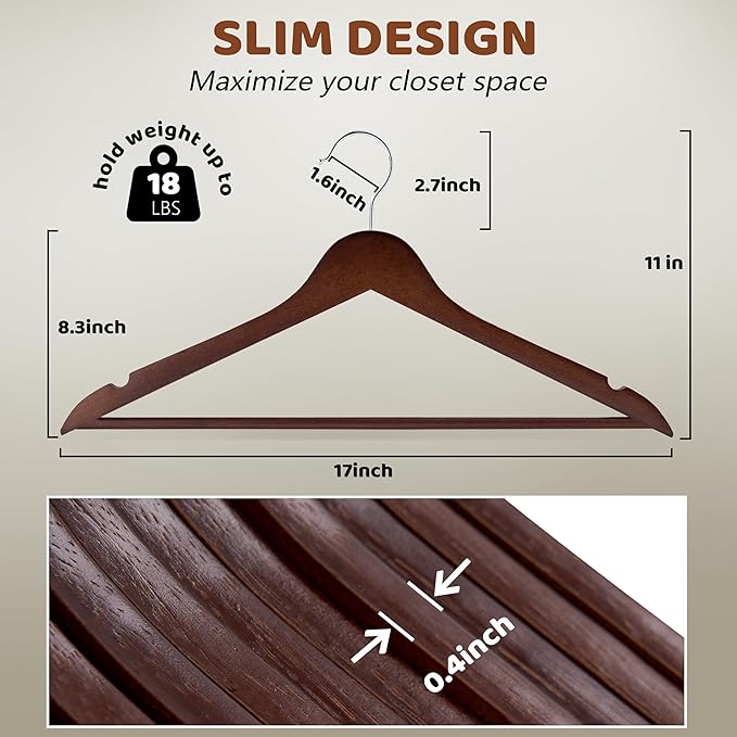 Edergoo Wooden Hangers, 30 Pack Wood Hangers with 360-Degree Rotatable Hook and Pants Bar, Smooth Finish Coat Hanger Wooden for Closet, Walnut