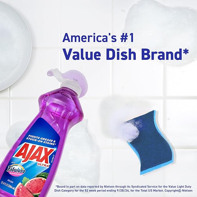 Ajax Ultra Liquid Dish Soap with Fabuloso Watermelon Scent, Fights Grease and Stuck-On Stains, Deep Cleaning Action, Mess-Free, Easy-Flip Cap, 52 fl oz Bottle (Pack of 2)