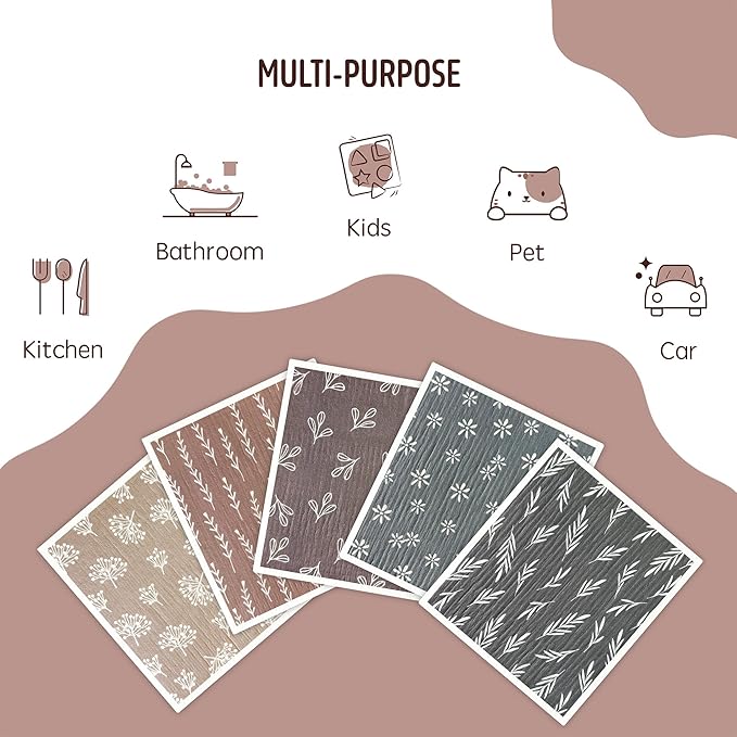 Swedish Dishcloths for Kitchen, 5 Pack Reusable Paper Towels Washable, Super Absorbent Swedish Dish Cloths, Non-Scratch, Biodegradable