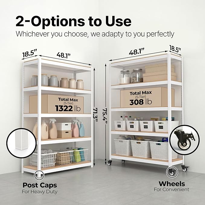 HOMEDANT House 48.1" 5-Tier Metal Rolling Cart Shelf Rack Casters Heavy Duty Laminated Wheel Shelving Unit Adjustable Utility Storage Shelves Shelf Kitchen Garage White 2Pack