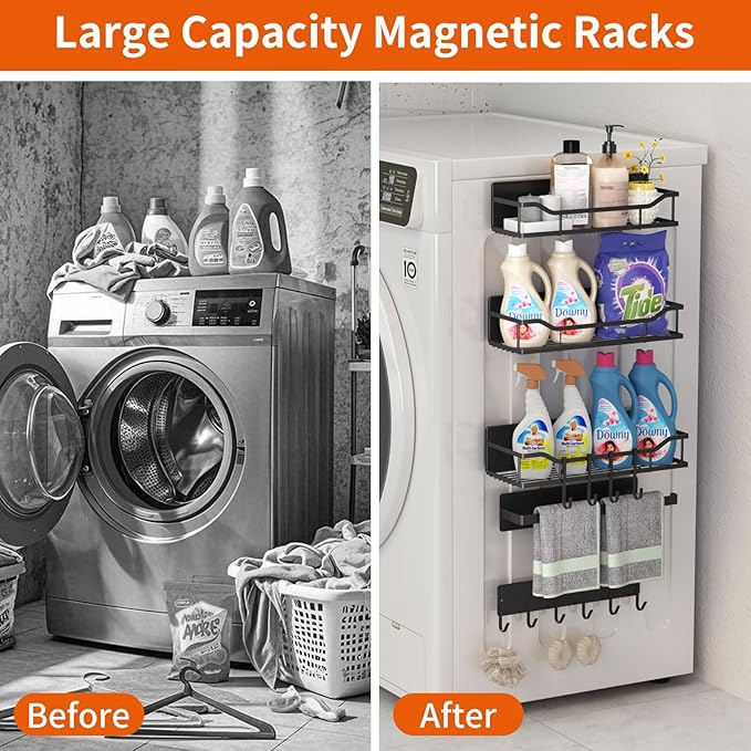 Magnetic Spice Rack,Multifunctional Magnetic Shelf for Washing Machine,Refrigerator,Microwave,and Any Metal Surface,Powerful Magnetic Shelves Include Magnetic Paper Towel Holder (5 pcs - Black)