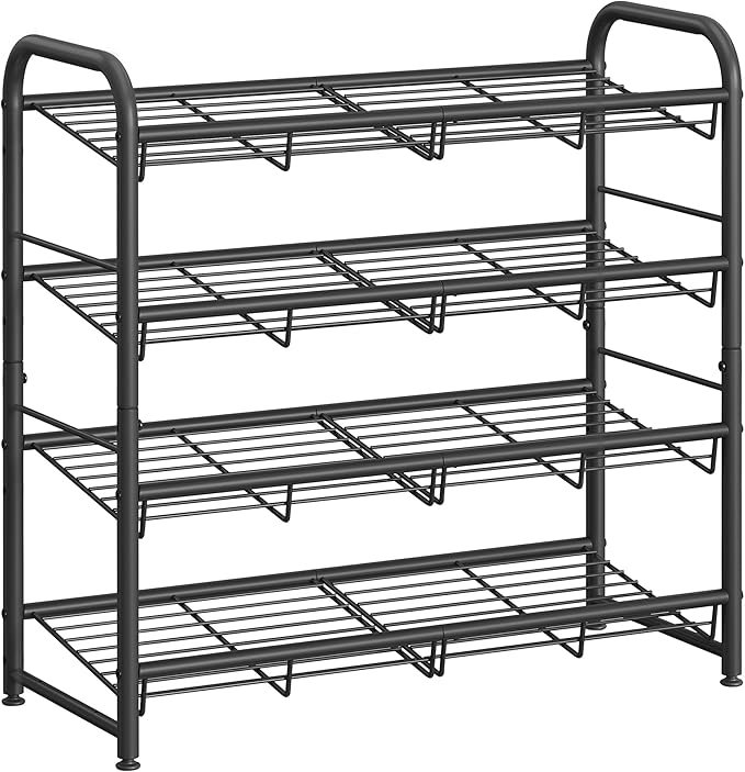 SONGMICS Stackable Shoe Rack, 4 Tier Metal Shoes Rack Storage Shelf, Holds up to 16 Pairs Shoes, Adjustable Slanted Shelves Shoe Tower Organizer for Closet Entryway Small Spaces, Black