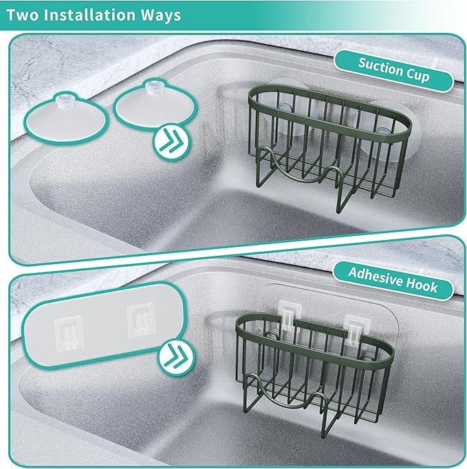 HapiRm Sponge Holder for Kitchen Sink - Sink Caddy with Unique M-Shaped, 2 Installation Methods Kitchen Organizer, Rustproof Stainless Steel Sponge Caddy - Green