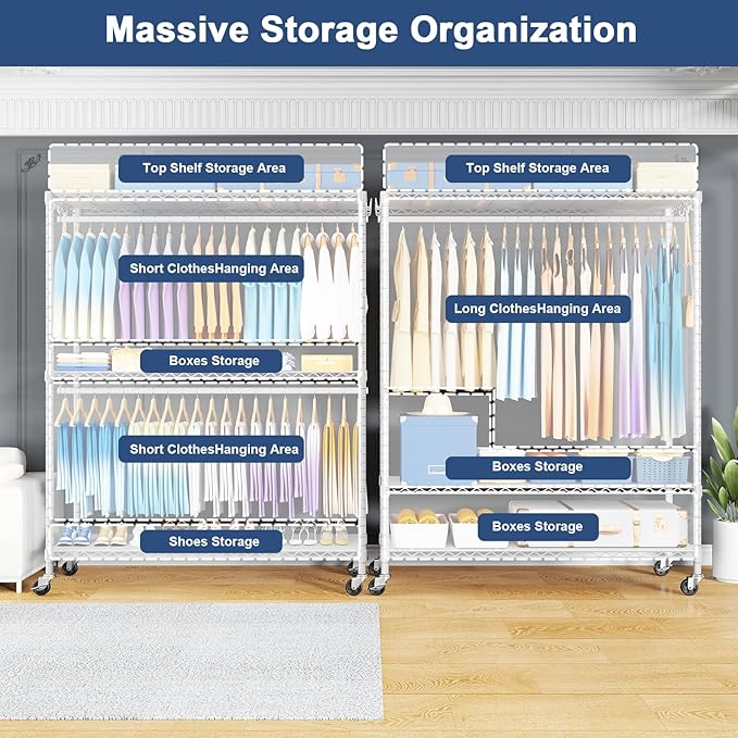 ULIFHOME P8C Max Heavy Duty Clothes Rack（With Extended Width Design） Rolling Clothing Racks for Hanging Clothes with Lockable Wheels，51.2" W x 15.8" D x 80.5" H，Load 700LBS，White Rack with Grey Cover
