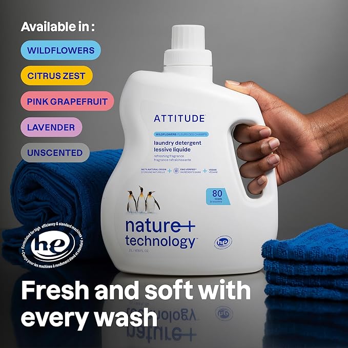 ATTITUDE Liquid Laundry Detergent,EWG Verified,HE Compatible,Plant-Based & Vegan,Natural Laundry Soap,Wildflowers,80 Loads,67.6 Fl Oz,(Pack of 2)