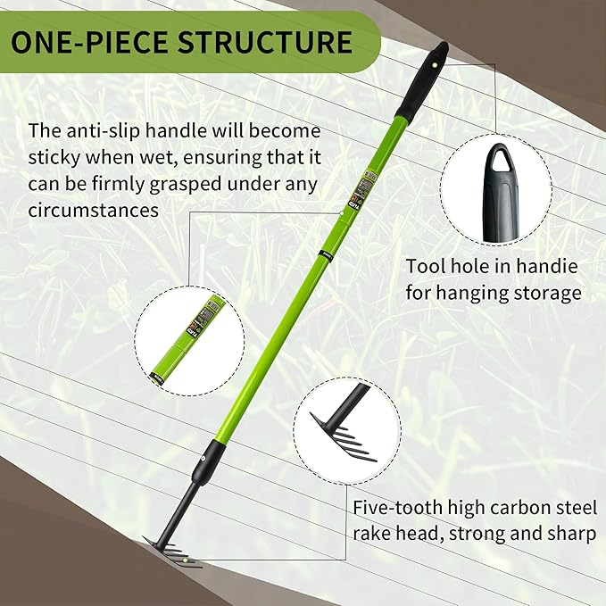 Garden Rake - Small Rake for Gardening with Telescopic Adjustable Handle (27-39”), Mini Rake for Tight Spaces, Flower Beds, Pots - No Bending & Elderly Friendly, Non-Slip Small Garden Rake