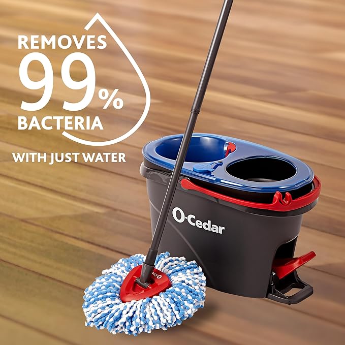 O-Cedar RinseClean Spin Mop & Bucket System + 2 Extra Mop Heads| Clean with Water | Removes 99% of Bacteria