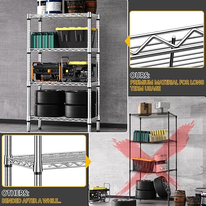 M MZG 1000 lbs 4 Tier Shelf Metal Storage Shelves Wire Rack Closet Organizers for Garage Kitchen Bathroom Laundry Chrome 11.8" D x 25.6" W x 45.5" H