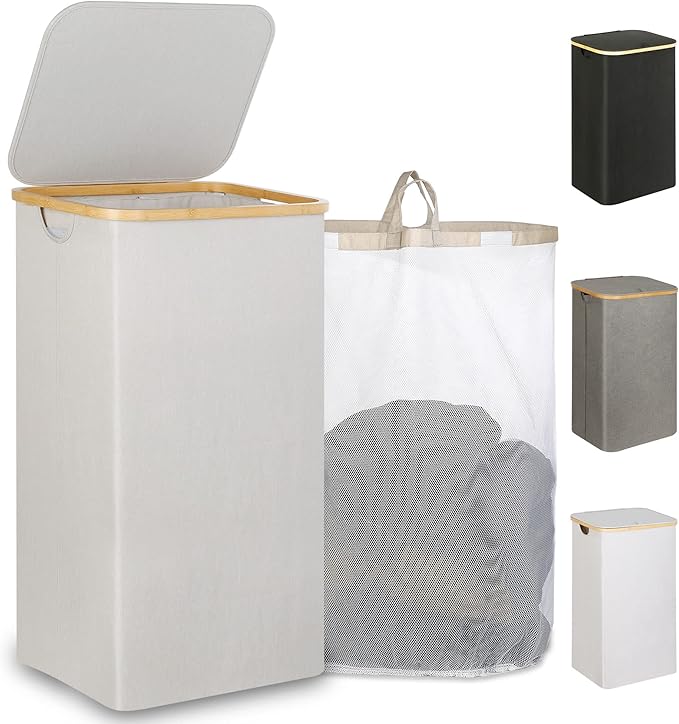 iEGrow 110L Laundry Basket with Lid, Laundry Hamper with Bamboo Handle,Clothes Basket Organizer with Removable Inner Bag for Clothes Toys Towels,Light Grey