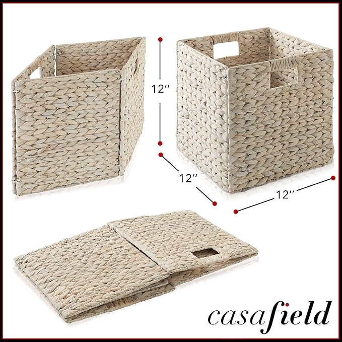 Casafield 12" x 12" Hyacinth Storage Baskets, Whitewash - Set of 6 Storage Organizers, Woven Wicker Cubes for Bathroom, Bedroom, Laundry, Shelves