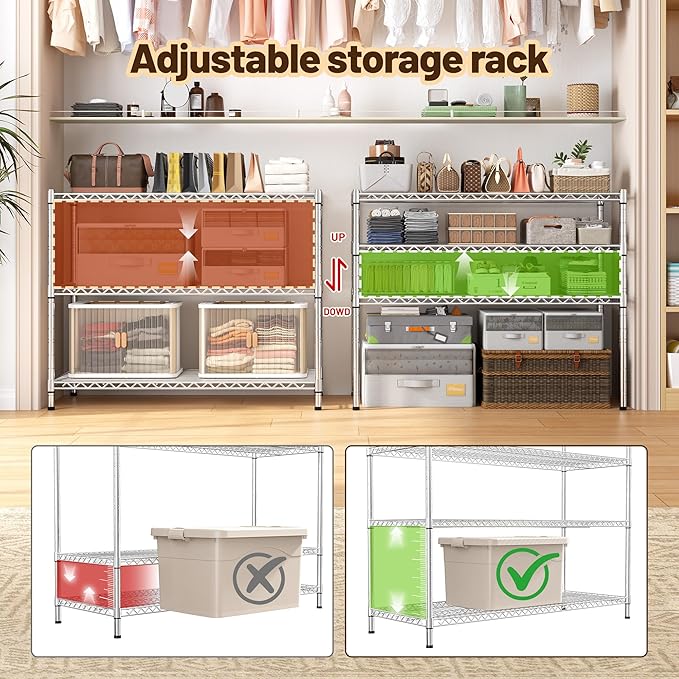 3- Shelf Metal Shelving Unit 35.6Wx14Dx36H,Adjustable Storage Shelves Heavy Duty Garage Steel Shelving for Office,Wire Rack Small Shelf for Kitchen Shelves Laundry Bathroom Pantry Closet,Chrome