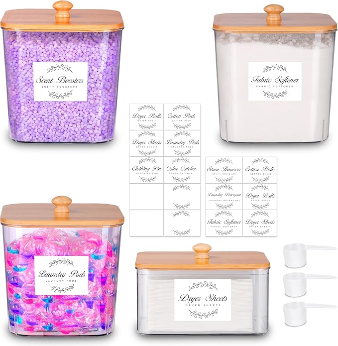 efluky 4 Pack Laundry Pods Container & Dryer Sheet Holder Set,Clear Laundry Room Organization Containers with Bamboo Lids and Labels,Laundry Pods Holder for Scent Booster,Powder,Pod