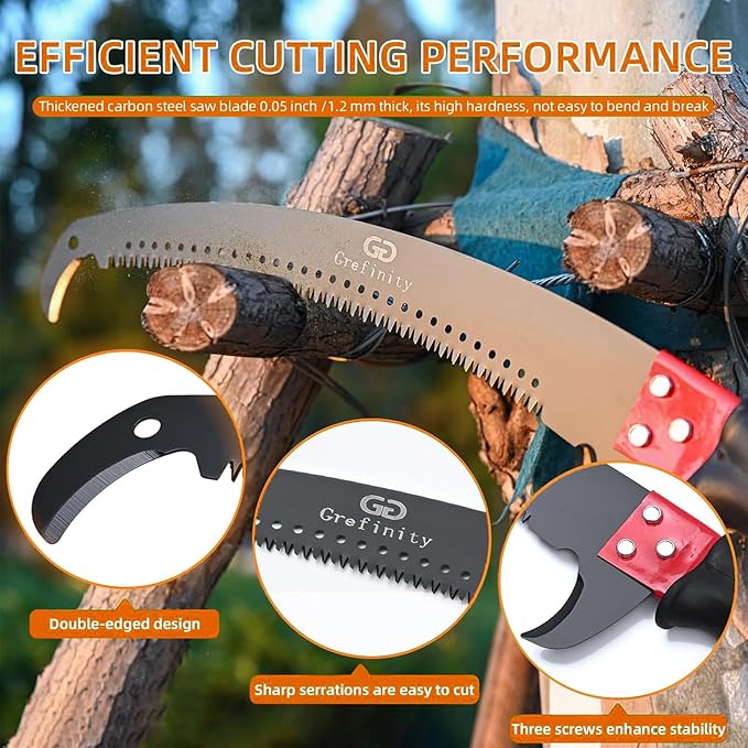 Manual Pole Saw for Tree Trimming, 27 FT Manual tree purner with 8-Section Fiberglass Handle, Sharp steel Blade, Easy to Carry and Extendable Design for Tree Maintenance, Orange