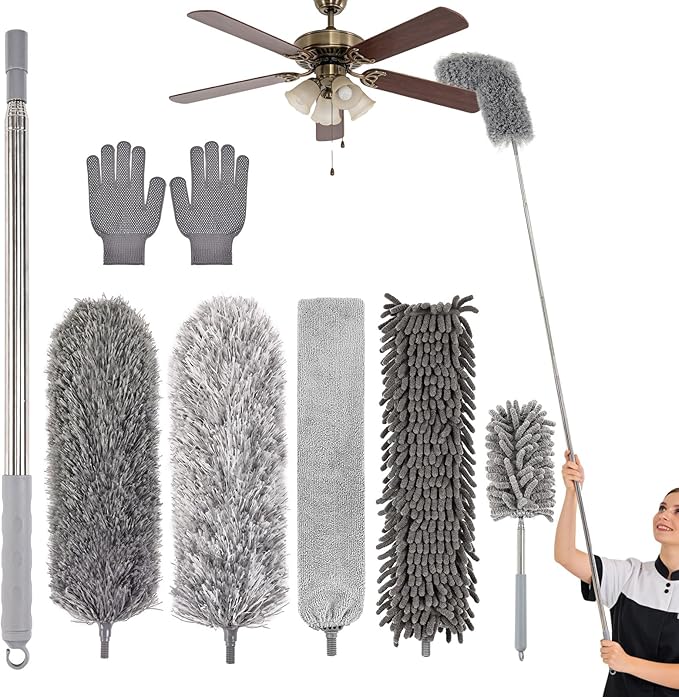 Microfiber Feather Duster Kit with Extension Pole, 7 PCS Washable Reusable Duster for Cleaning, 100'' Bendable Extendable Long Duster with Stainless Steel Pole for High Ceilings, Fans, Furniture & Car