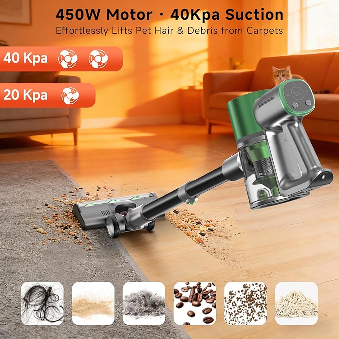 Cordless Stick Vacuum Cleaner - Lightweight Handheld Vacuum with Self Standing, Removable Battery with 45min Running Time, Anti-tangle Wireless Vacuum for Home Pet Hair/Hardwood Floor/Carpet GB