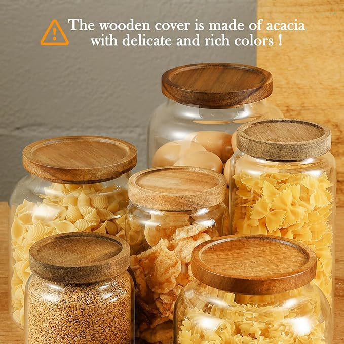 Labina Glass Storage Container Airtight Food Jars Kitchen Canister with Wood Lids, 60 Oz Wide Mouth Pantry Organization Glass Jar for Flour, Sugar, Cookie, Spagetti, Nuts and Candy (2 Pack)