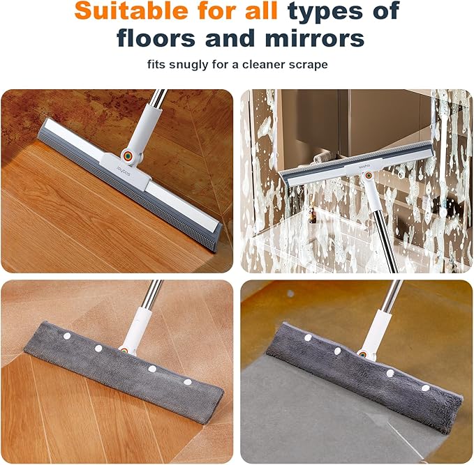 Rubber Squeegee Broom for Floor,Upgrade 62" Long Handle Window Squeegee, 2 Cleaning Cloths, Silicone Pet Hair Remover,Magic Squeegee Broom Removes Water Spots, Stains, Grease, and Glass Surfaces.