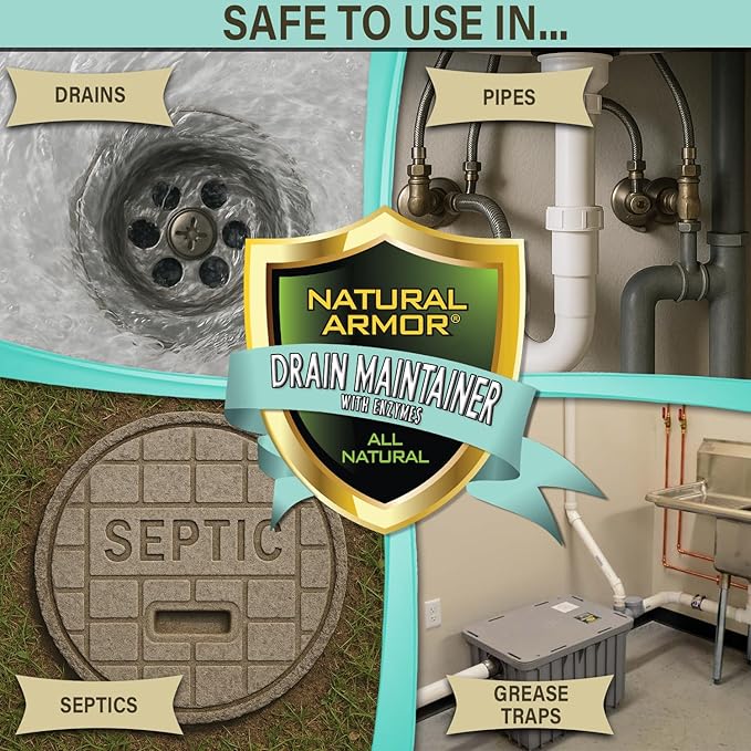 Natural Armor Enzyme Drain Maintainer - Quart Drain Cleaner with Natural Enzyme Power to Prevent Buildup & Odors - Safe for Sinks, Showers, Grease Traps & Septic - Non-Toxic Formula, 32 fl oz