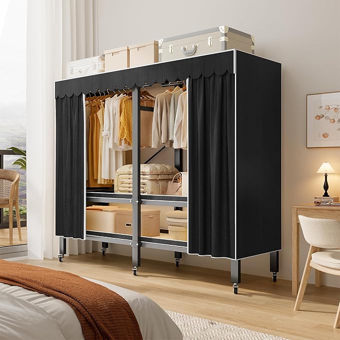 Heavy Duty Portable Closet with Cover 1200Ibs Foldable Covered Clothes Rack for Hanging Armoire Wardrobe Closet System Freestanding Coat Storage Garment Racks (168cm/66in（black）)