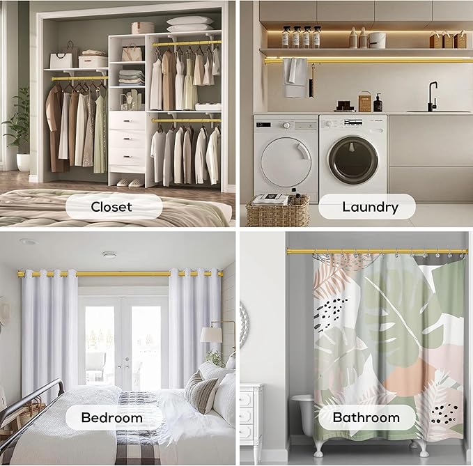 1.3 Inch Diameter Closet Rods for Hanging Clothes 17-51 Inch Adjustable, Metal Heavy Duty Closet Pole, Gold Closet Bar for Hanging Clothes, Suitable for Closet, Wardrobes, Bathroom, Windows