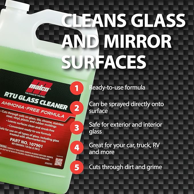 Malco Ready-To-Use Glass Cleaner - Streak-Free Removal of Dirt, Grease, Oils, & Bug Debris from Glass, Chrome, Tile, Stainless Steel, Vinyl, Rubber/Ammonia-Free & Tint Safe / 1 Gallon (107901)