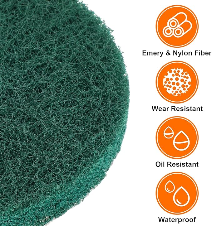 HARFINGTON 12pcs Scrubber Scouring Pads 180 Grits 2 Inch Drill Power Brush Hoop and Loop Surface Conditioning Disc Drill Scuffing Disc Scrub Pads for Home Kitchen Cleaning, Green
