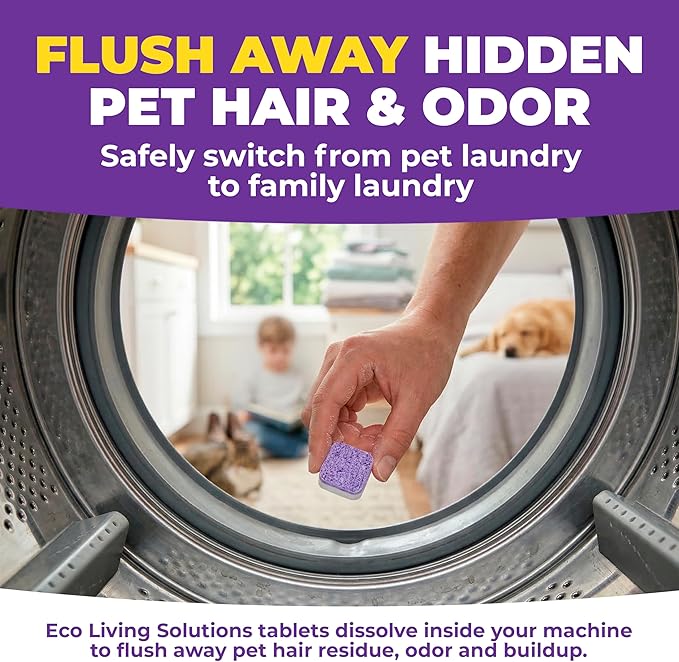 ECO LIVING SOLUTIONS Washing Machine Cleaner Tablets for Pet Owners, 36 Pack, Front&Top Load Washer Deep Cleaning, HE & Septic Tank Safe, Remove Pet Hair, Eliminates Smells, Prevents Dander Build-up