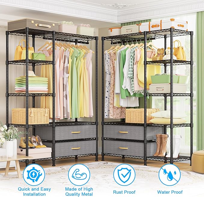 Ulif F3 Heavy Duty Clothes Rack（With Fabric Drawers）Freestanding Clothing Racks for Hanging Clothes，Adjustable Closet Organizer System，Portable Garment Rack 40" W x 15" D x 72" H，Max Load 700LBS，Black