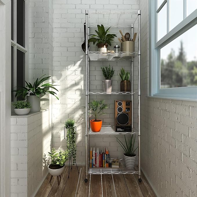 Homdox 5 Tier Steel Wire Shelving Unit on Wheels,Chrome Shelves for Garage Kitchen Living Room,Heavy Duty Shelving Rack, 23.2 x 13.8 x 72 inch (L x W x H)