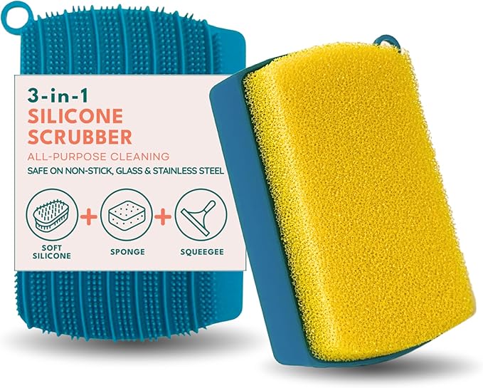 3-in-1 Silicone Scrubber Sponge with Squeegee – Non-Scratch Kitchen Sponge for Dishes, Sink & Bathroom, Quick-Dry, Reusable Cleaning Tool (Teal +Yellow)
