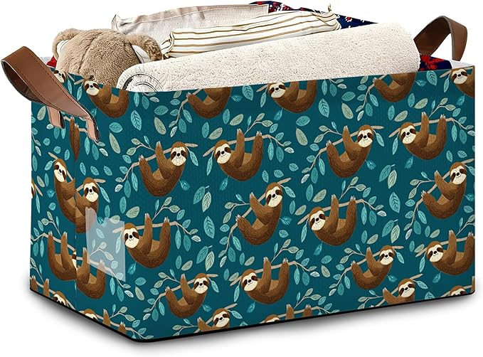 Funny Sloth Storage Baskets,Leaves Foldable Organizer Bin with Handles for Home Living Room Bedroom Closet Box 17x11.5x10Inch