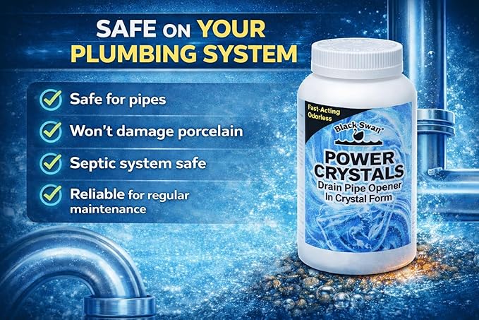 Black Swan 09175 Power Crystals Drain Opener, 1 lb (16 oz) - Heavy Duty Crystal Formula for Cleaning Clogged Drain Pipes Due to Grease, Food Scraps - Safe for Plumbing & Septic Systems