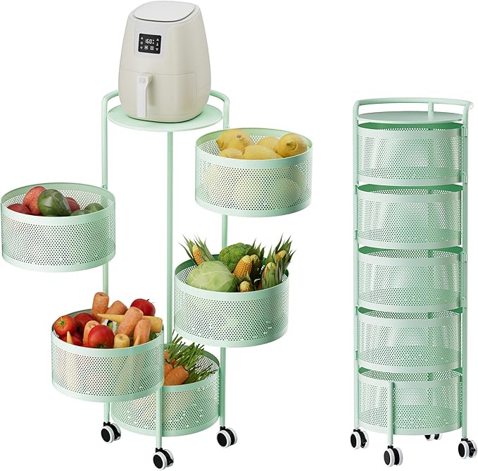 JAQ Rotating Fruit Basket, 5-Tier Metal Sturdy Kitchen Storage Rack Shelf Carts No Assembly on Rolling Wheels for Fruit Vegetable Grocery Corns Potato Onion (5-Tier, Green)
