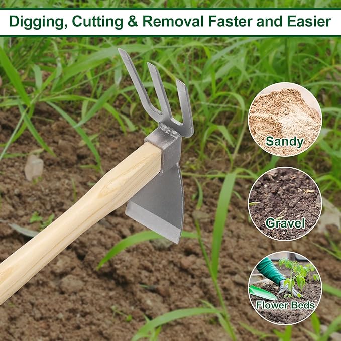 HARFINGTON Garden Hoe and Cultivator 15" Steel Hoe Garden Tool Anti-Rust with Non-Slip Wooden Handle Lightweight Hand Tiller for Backyard Loosening Farm Planting Weeding