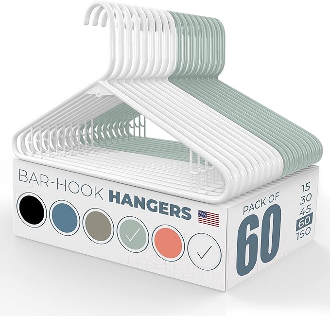 Neaties Plastic Hangers 50 Pack (60 Count) – Made in the USA – 6lb Capacity Standard Clothes Hangers with Strap Hooks for Dresses, Lingerie, Shirts, Pants, and Jackets – White & Mint