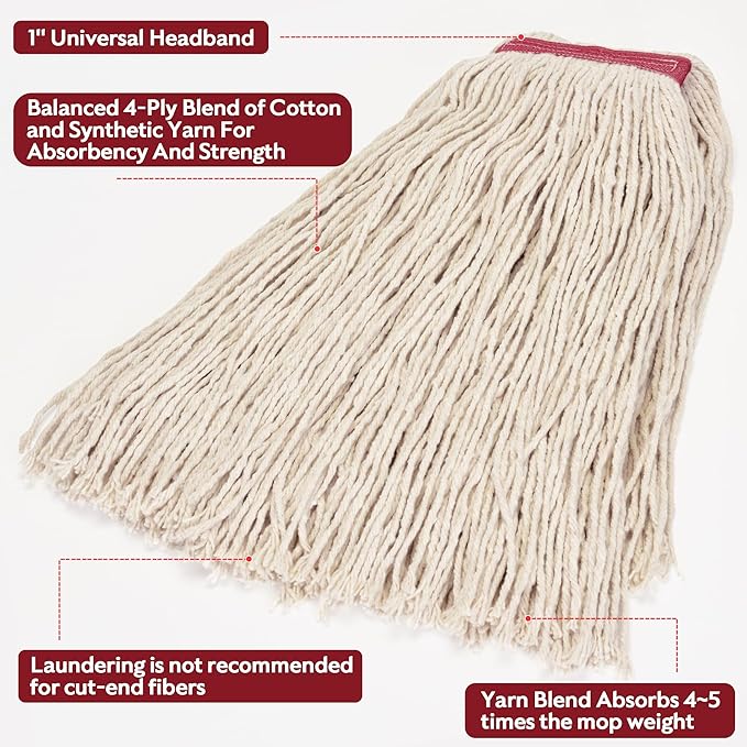 Matthew Cleaning 24oz 6Pack Cotton Floor Mop,Cotton Looped-Open String Heavy Duty String Mop Refills, Universal Headband Blend,Mop Head Replacement for Home, Industrial and Commercial Use(White)
