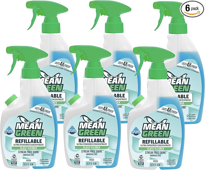 Mean Green Refillable Ultra Powered Concentrate Glass Cleaner, Fresh, 14.3 Ounce, 6 Pack