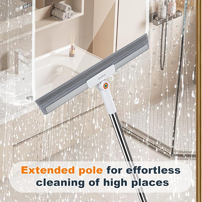 Rubber Squeegee Broom for Floor,Upgrade 62" Long Handle Window Squeegee, 2 Cleaning Cloths, Silicone Pet Hair Remover,Magic Squeegee Broom Removes Water Spots, Stains, Grease, and Glass Surfaces.