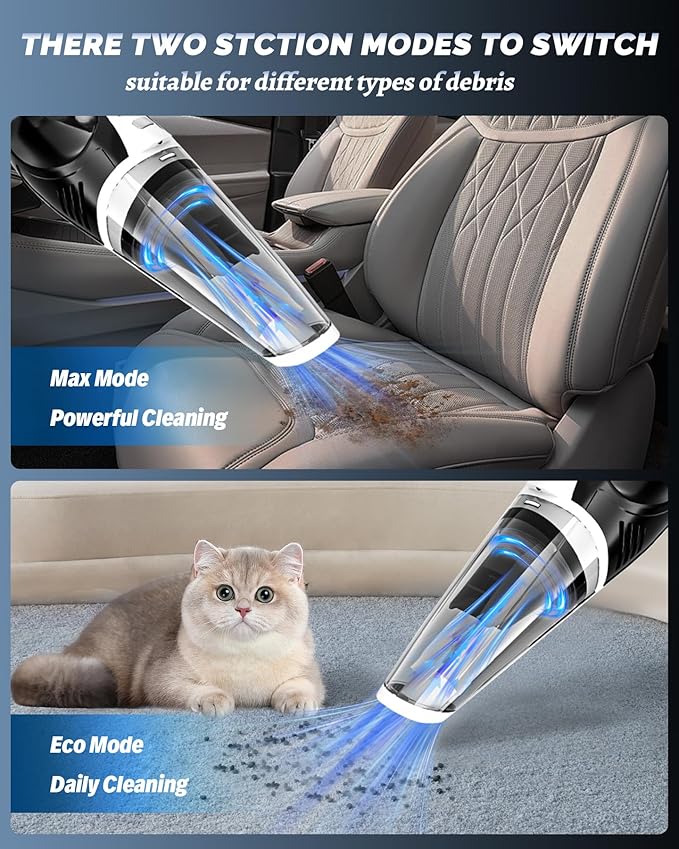 Handheld Vacuum Cordless, Car Vacuum Cleaner with Powerful Suction, 2 Modes Mini Hand Vacuum, Dry & Wet, LED Light, Portable Vacuum for Car Pet Hair, Home, Office, Keyboards White Sliver