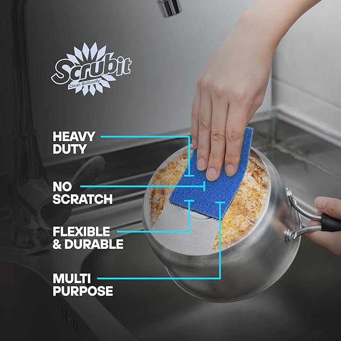 SCRUBIT Scouring Pad 24 Pack - Heavy Duty Scrub Pads for Cleaning Dishes - Non-Scratch Reusable Scrubbing - Blue