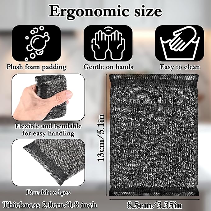 6 Pack Steel Wool Scrubber Sponges, Heavy Duty Stainless Steel Scouring Pads Reusable Non Scratch Metal Sponges Hand-Friendly Kitchen Cleaning Tool for Pots and Pans Tough Grease & Grime (Black)