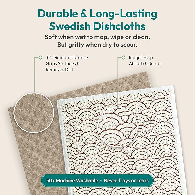 FEBU Swedish Dishcloths for Kitchen | 5 Pack Vintage Kitchen Reusable Paper Towels Washable | Swedish Dish Towels | Non-Scratch Cellulose Sponge Cloths | No Odor, Biodegradable Cleaning Cloths