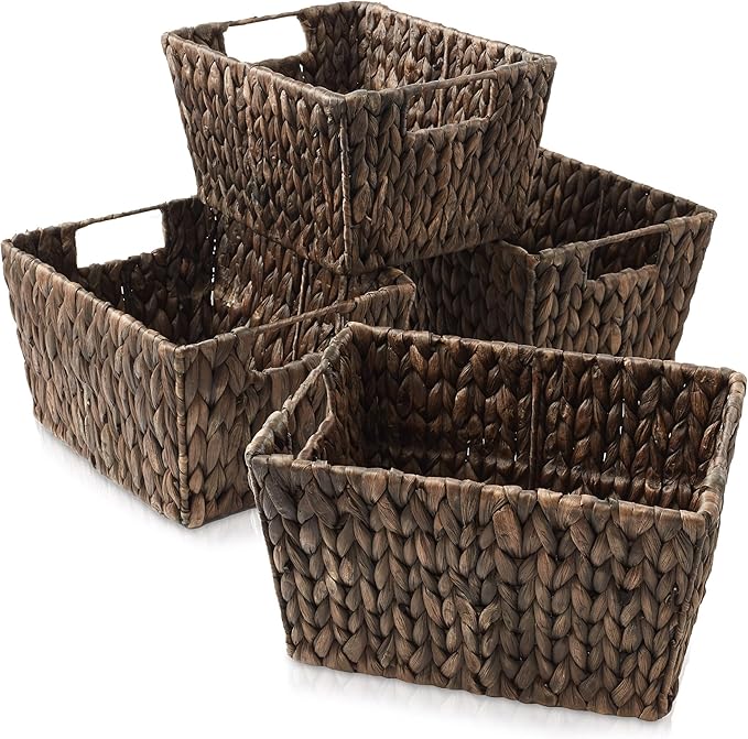 Casafield Set of 4 Water Hyacinth Storage Baskets with Handles - Espresso, Woven Rectangular Storage Bins for Shelves, Blankets, Laundry Organization