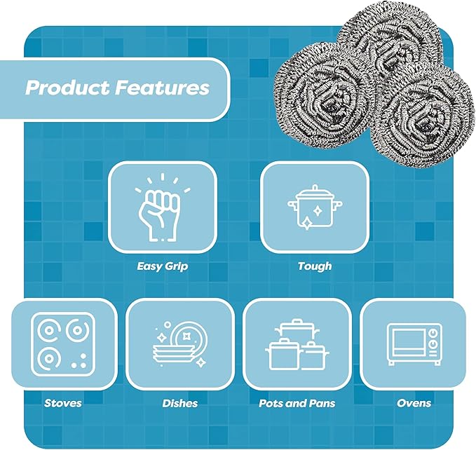 12 Pack Stainless Steel Scourers by Scrub It – Steel Wool Scrubber Pad Used for Dishes, Pots, Pans, and Ovens. Easy scouring for Tough Kitchen Cleaning. (Large (50 gram))