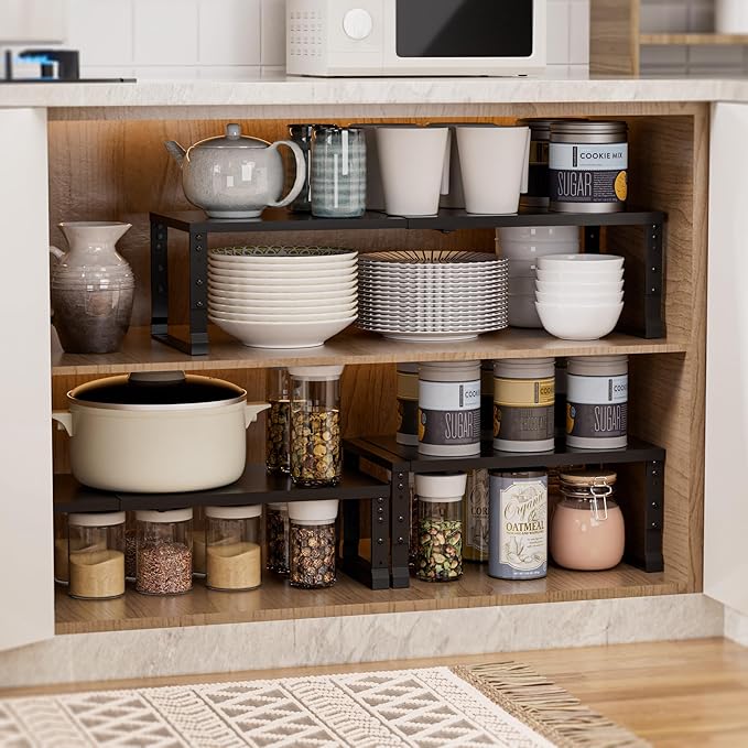 Adjustable Metal Shelving Unit, Stackable & Expendable Storage Rack for Home/Office/Kitchen, Space-Saving，Sturdy&Durable，Easy Assembly (2PACKS/Medium/Black
